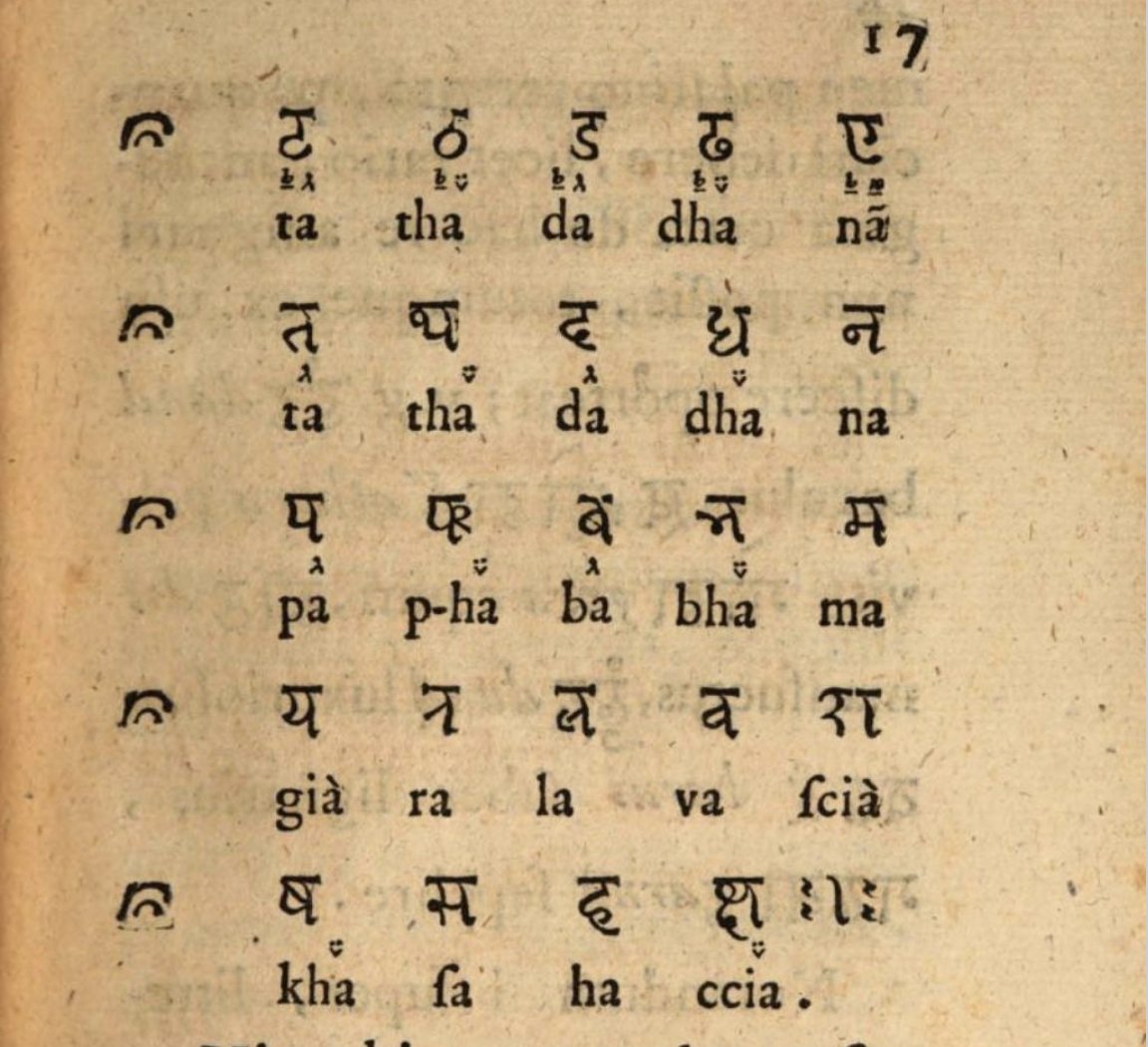 Page 17 from Alphabetum Brahmanicum showing Devanāgarī consonants arranged in traditional order: dental row (त थ द ध न / ta tha da dha na), retroflex row (ट ठ ड ढ ण / ta tha da dha na), labial row (प फ ब भ म / pa pha ba bha ma), and semivowels/sibilants (य र ल व / gia ra la va scia, ष स ह: / kha sa ha ccia)