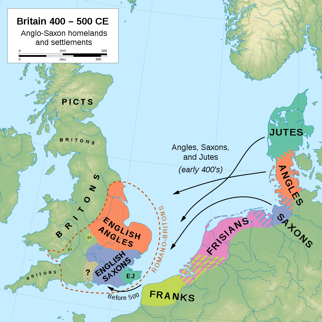 Map showing Anglo-Saxon homelands and migration routes to Britain, 400-500 CE, including the territories of Jutes, Angles, Saxons, Frisians, and Franks on the continent, and their settlements in Britain alongside Britons and Picts.