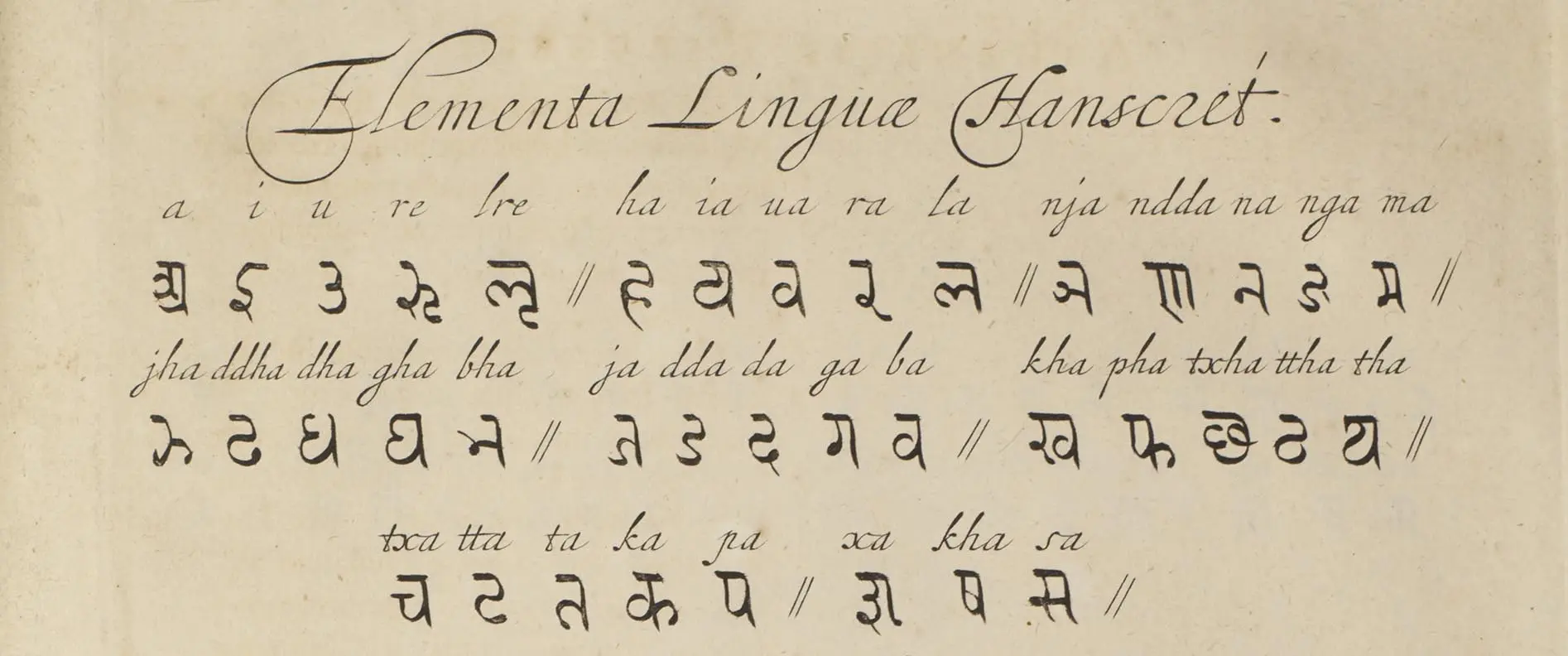 Historical page titled 'Elementa Linguae Hanscret' showing the Devanāgarī alphabet arranged in rows. The top row displays vowels (a, i, u, re, lre, etc.) with their Devanāgarī characters below. Subsequent rows show consonant groups (velar, palatal, retroflex, dental, labial) with romanized transliterations in italic script above each character. From Kircher's China Illustrata, 1667.