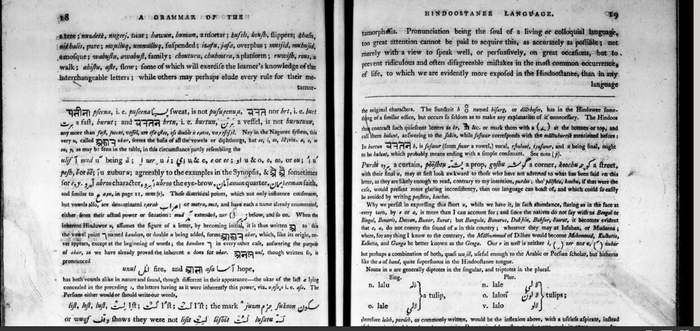 Two facing pages (78-79) from John Gilchrist's A Grammar of the Hindoostanee Language (Chronicle Press, Calcutta, 1796), showing comparative examples of Devanāgarī, Persian, and Roman scripts. The left page displays Sanskrit/Devanāgarī text with transliterations, while the right page discusses pronunciation and includes tables showing singular and plural noun forms in Devanāgarī, Persian, and Roman scripts.