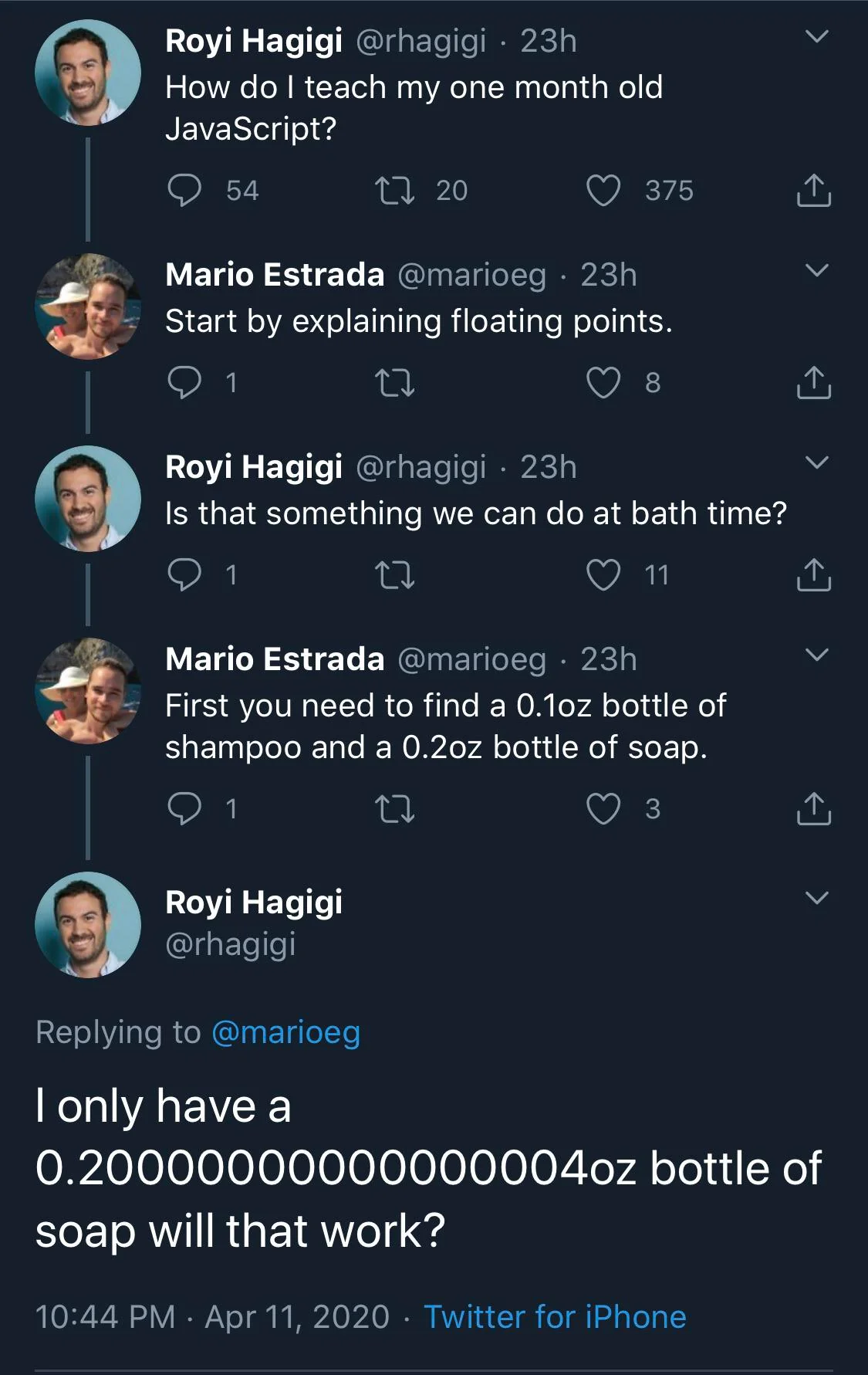 a tweet joking about javascript floating point operation error