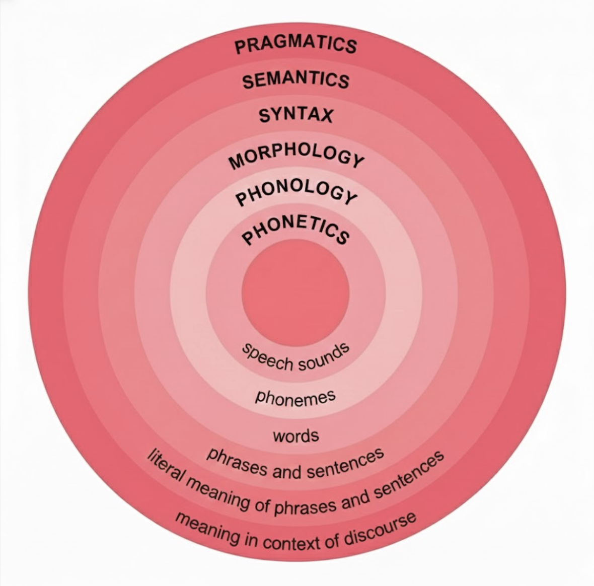 The diagram consists of six concentric rings radiating from a solid center. From the innermost ring to the outermost, the labels are: Phonetics (speech sounds), Phonology (phonemes), Morphology (words), Syntax (phrases and sentences), Semantics (literal meaning), and Pragmatics (meaning in context).