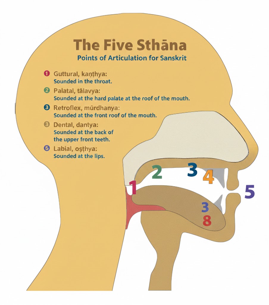 Anatomical side-view diagram of a human head showing the five Sanskrit points of articulation (sthānas): 1-guttural at the throat, 2-palatal at the hard palate, 3-retroflex at the front roof of the mouth, 4-dental at the back of upper front teeth, and 5-labial at the lips.